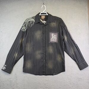 Roar Shirt Mens Large Black Striped Y2K Buckle Dragon Distressed Spotted Western